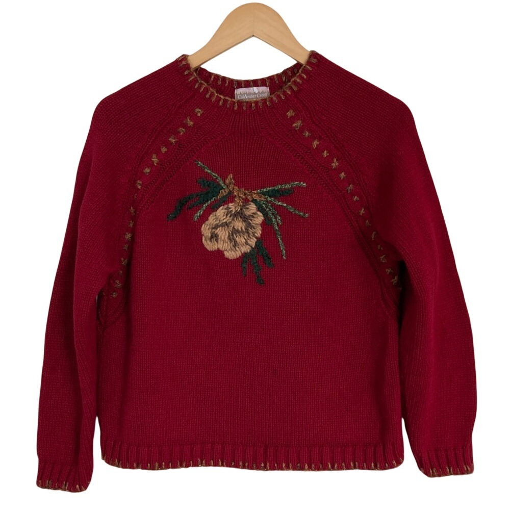 Coldwater‎ Creek Women's Red Sweater Size PM Pinecone Embroidery Design Cottage